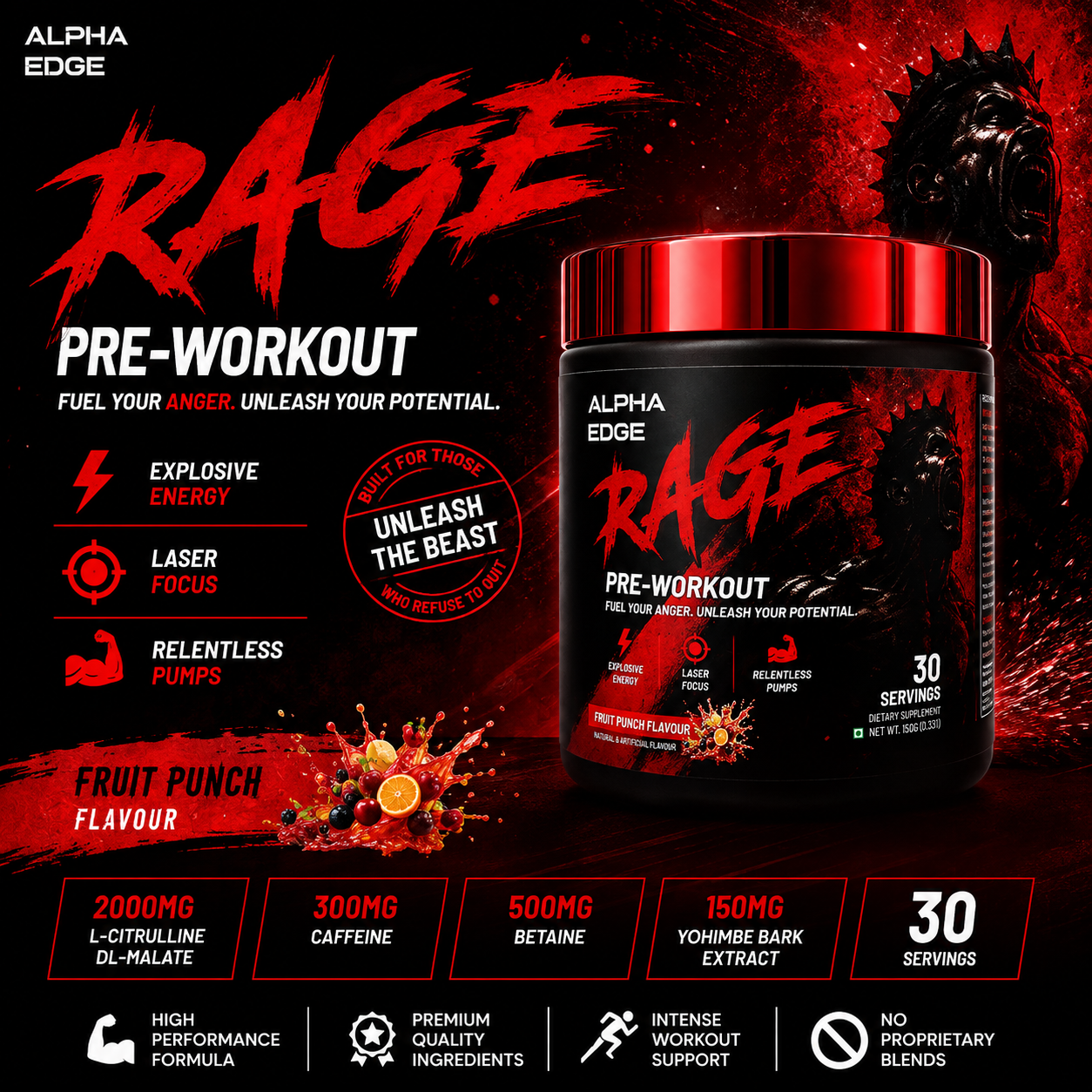 ALPHA EDGE | RAGE | PREWORKOUT | FRUIT PUNCH |30 SERVINGS |