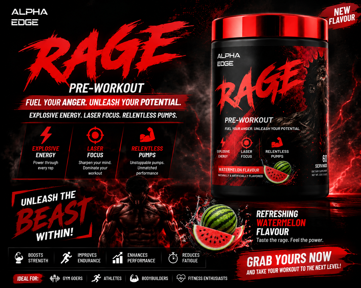 ALPHA EDGE | RAGE | PREWORKOUT | WATERMELON | 60 SERVINGS