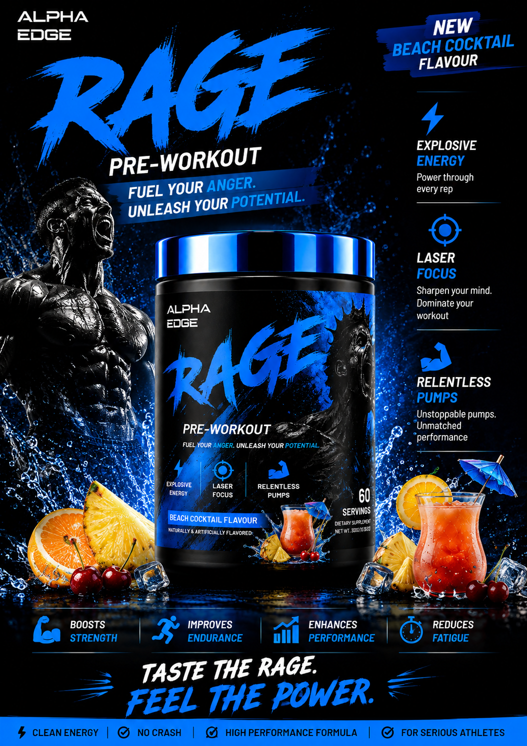 ALPHA EDGE | RAGE | PREWORKOUT | BEACH COCKTAIL | 60 SERVINGS