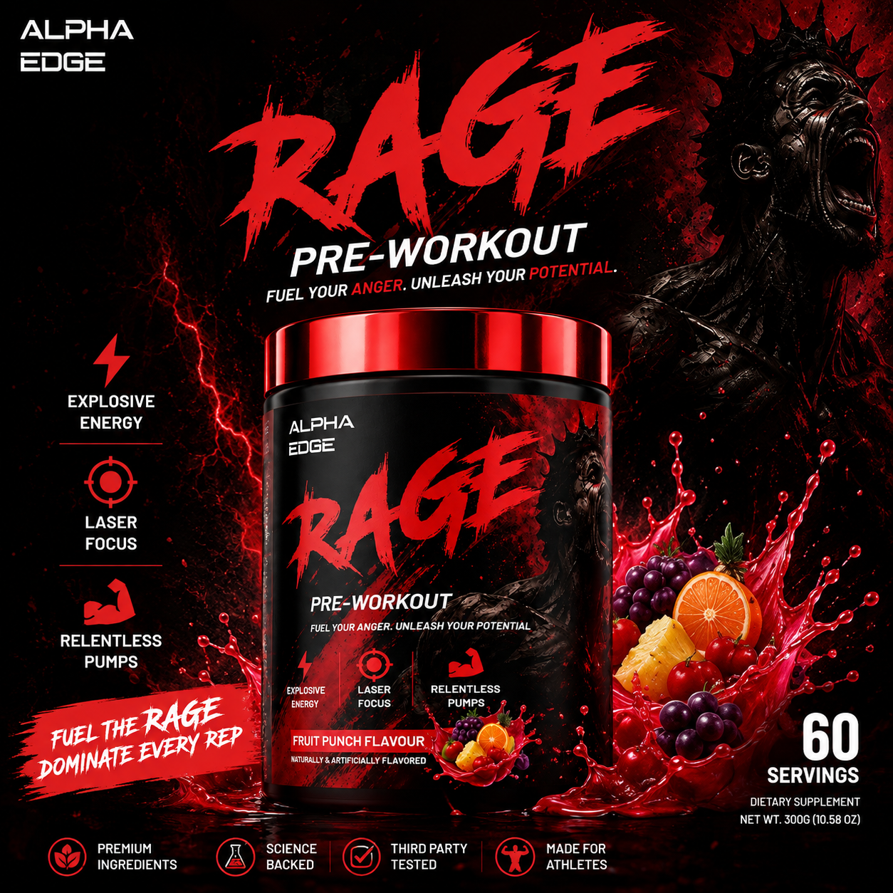 ALPHA EDGE | RAGE | PREWORKOUT | FRUIT PUNCH |60 SERVINGS |