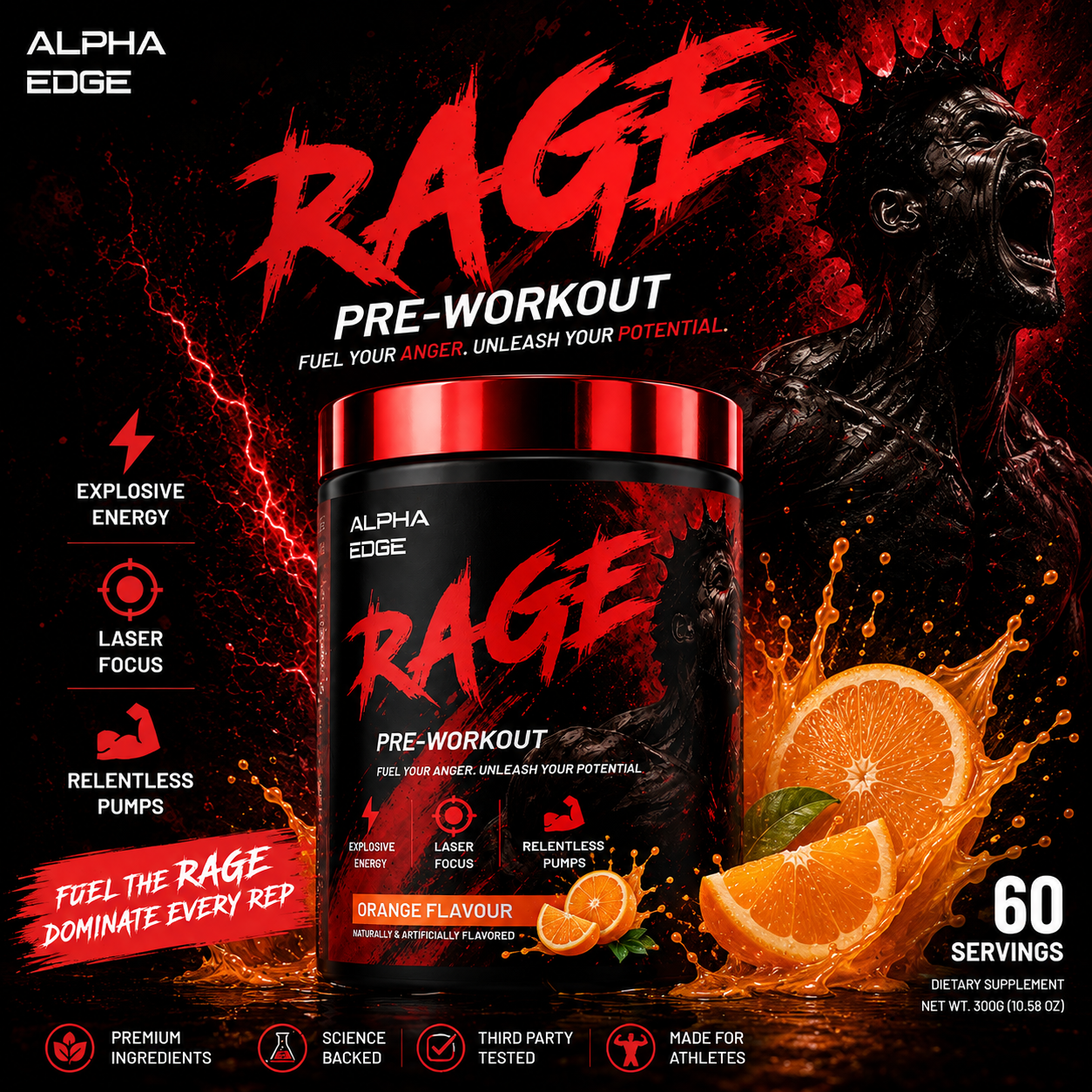 ALPHA EDGE | RAGE | PREWORKOUT |ORANGE | 30 SERVINGS