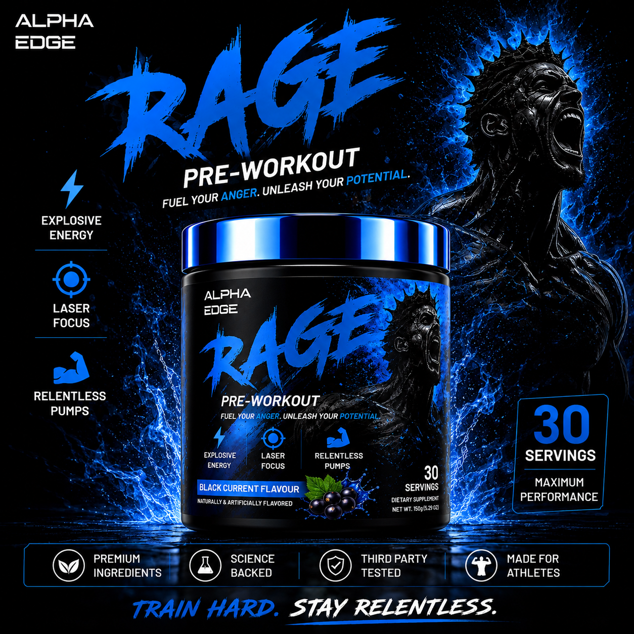 ALPHA EDGE | RAGE | PREWORKOUT | BLACK CURRENT| 30 SERVINGS